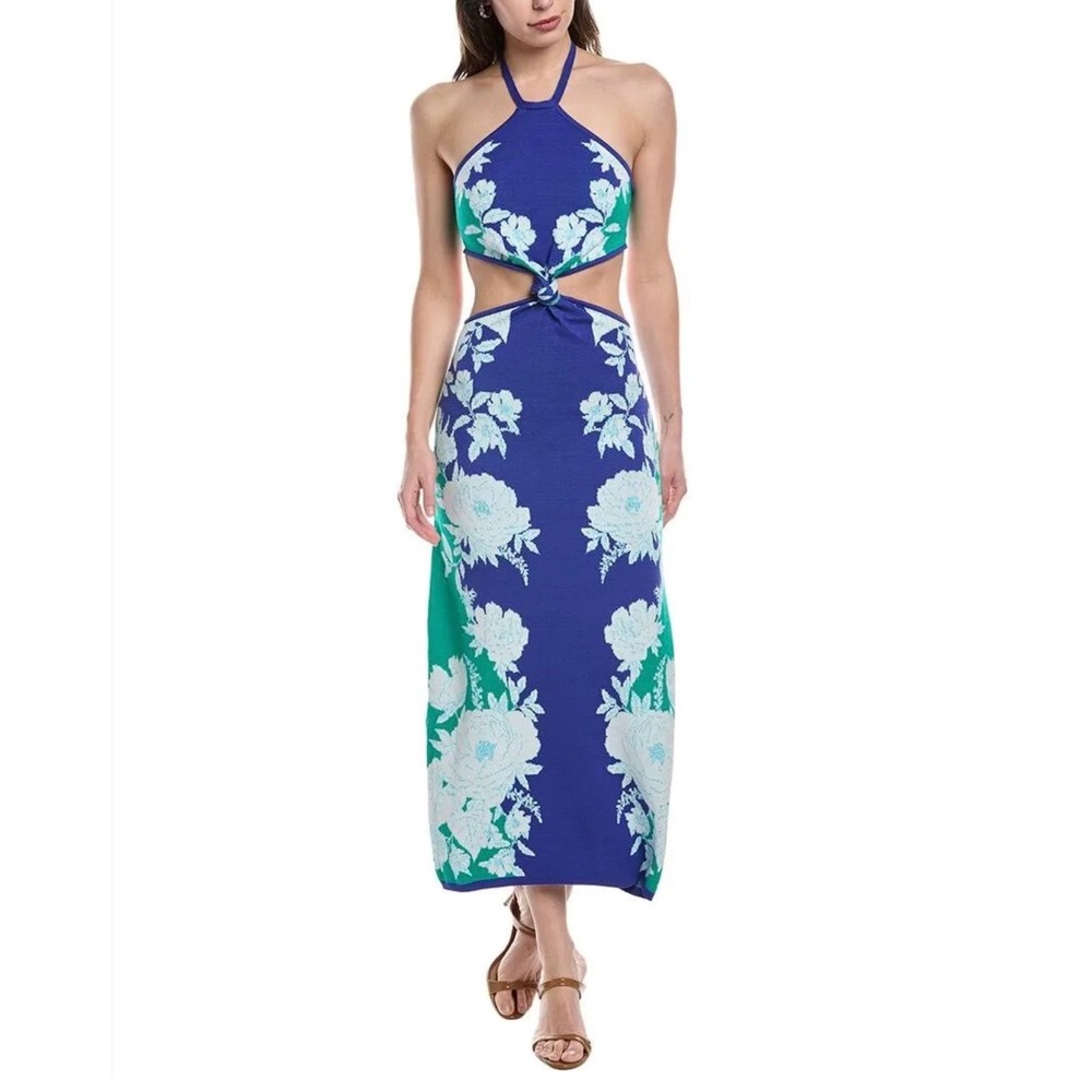 FARM Rio Golden Knit Halter Dress Cut Out Floral Soft Garden Blue‎ Green XL, NWT
